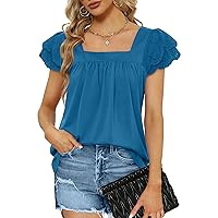 WIHOLL Shirts for Women Dressy Casual Square Neck Lace Short Sleeve Summer Tops