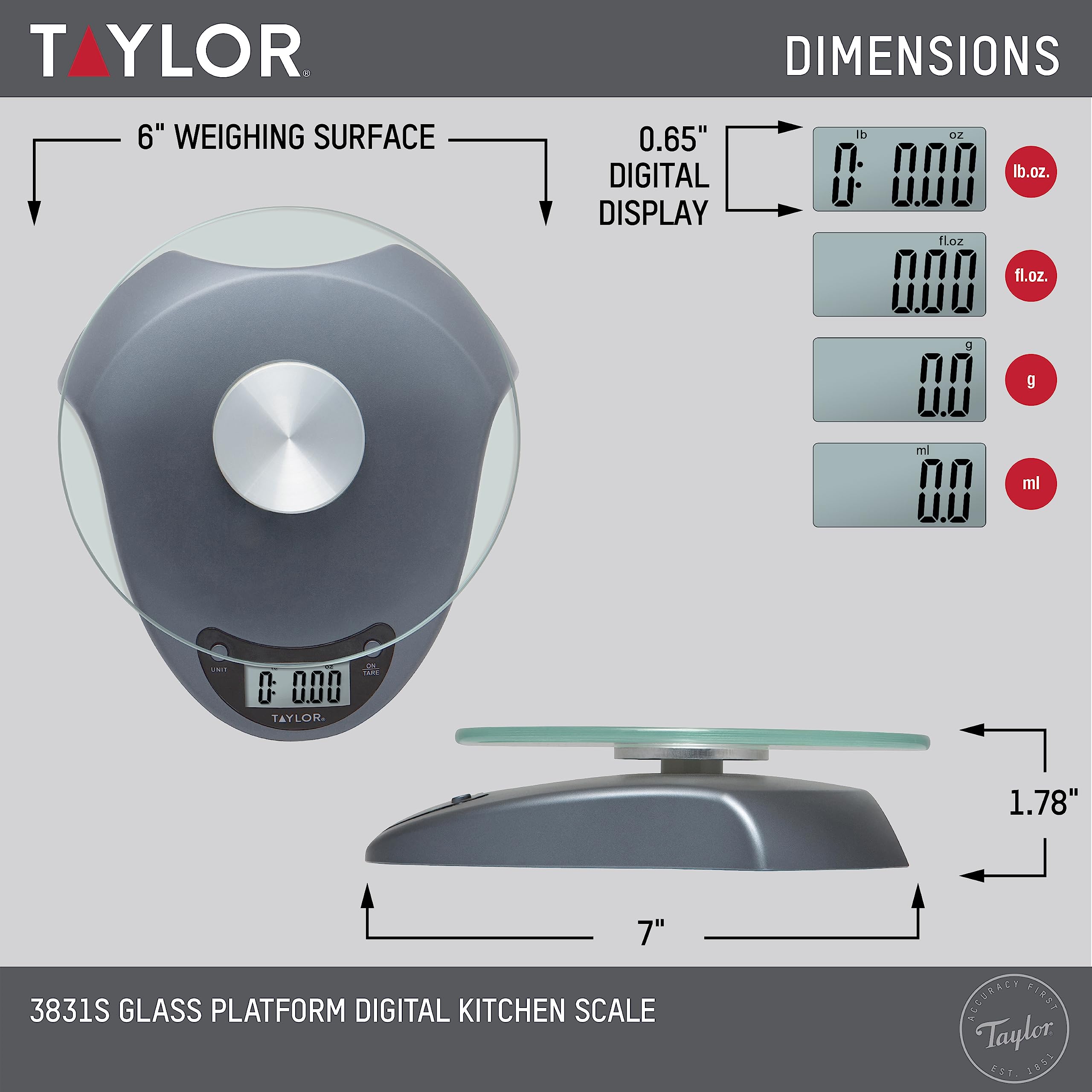Taylor Digital Kitchen Scale with Glass Platform, Tare Button, and Plastic Body Weighs up to 11 Pounds Capacity, Silver