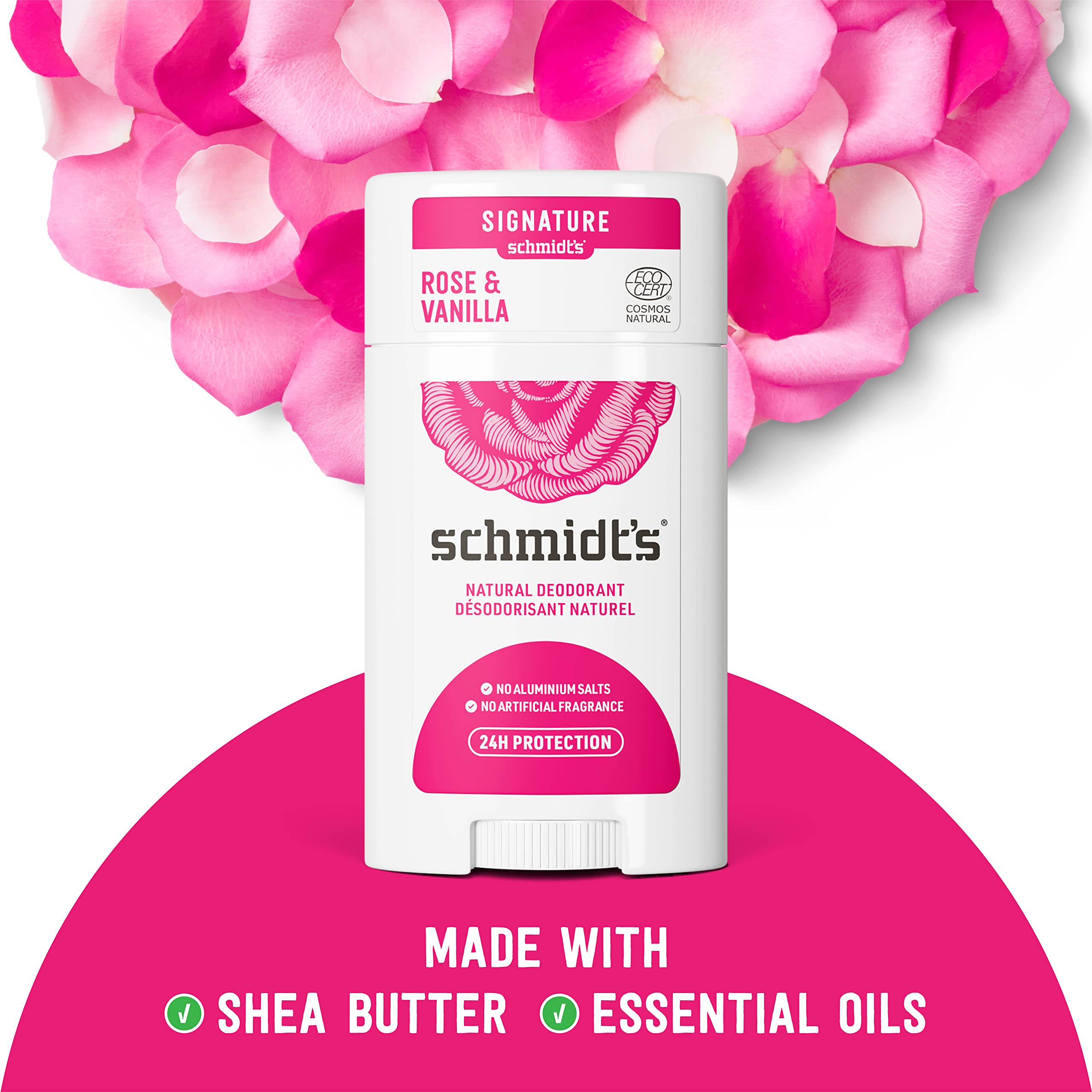 Schmidt's Aluminum Free Natural Deodorant for Women and Men, Rose & Vanilla with 24 Hour Odor Protection, Certified Natural, Vegan, Cruelty Free 3.25 oz