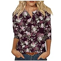 3/4 Sleeve Tees for Women,Ladies Tops and Blouses Summer Tops Women Petite Large Tops Shirts Cute Flowers Print Graphic Tees Blouses Casual Plus Size Basic Tops Pullover T (XXL,1-Dark Purple)
