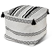 blue page Boho Neutral Decorative Unstuffed Pouf Cover - Cotton Woven Diamond Jacquard Pattern with Big Tassels, Handwoven Footrest/Cushion Cover for Bedroom Living Room, Black