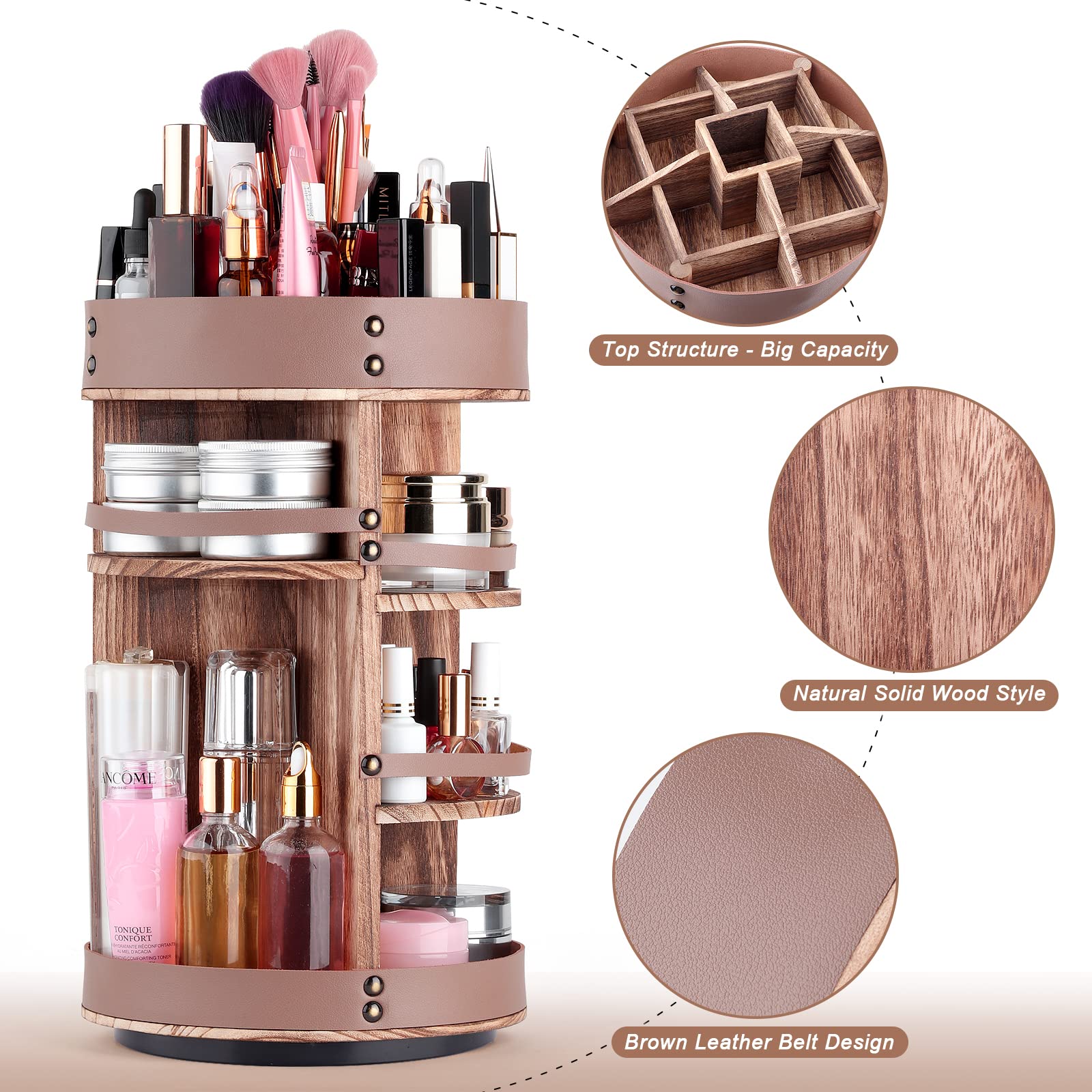 Meangood 360 Rotating Makeup Organizer, DIY Vintage Style Cosmetic Storage Display Box with 5 Height for High/Low Bottles Storage, Large Capacity Storage Carousel for Makeup, Toiletries, and More