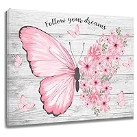 HVEST Pink Floral Butterfly Wall Art for Living Room,Flower with Green Leaf and Inspirational Quotes on Rustic Wood Canvas Wall Art Wildflower Framed Wall Art for Bathroom Bedroom,16L X 24W inches