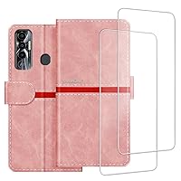 Phone Case Compatible with Tecno Spark 7 Pro + [2 Pack] Screen Protector Glass Film, Premium Leather Magnetic Protective Case Cover for Tecno Spark 7 Pro (6.6 inches) Pink