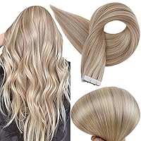 Full Shine Tape in Human Hair Extensions 24 Inch Real Human Hair Tape in Extensions 50 Gram Seamless Hair Extensions 20pcs Ash Blonde Highlights Bleach Blonde Skin Weft Double Side Brazilian Hair