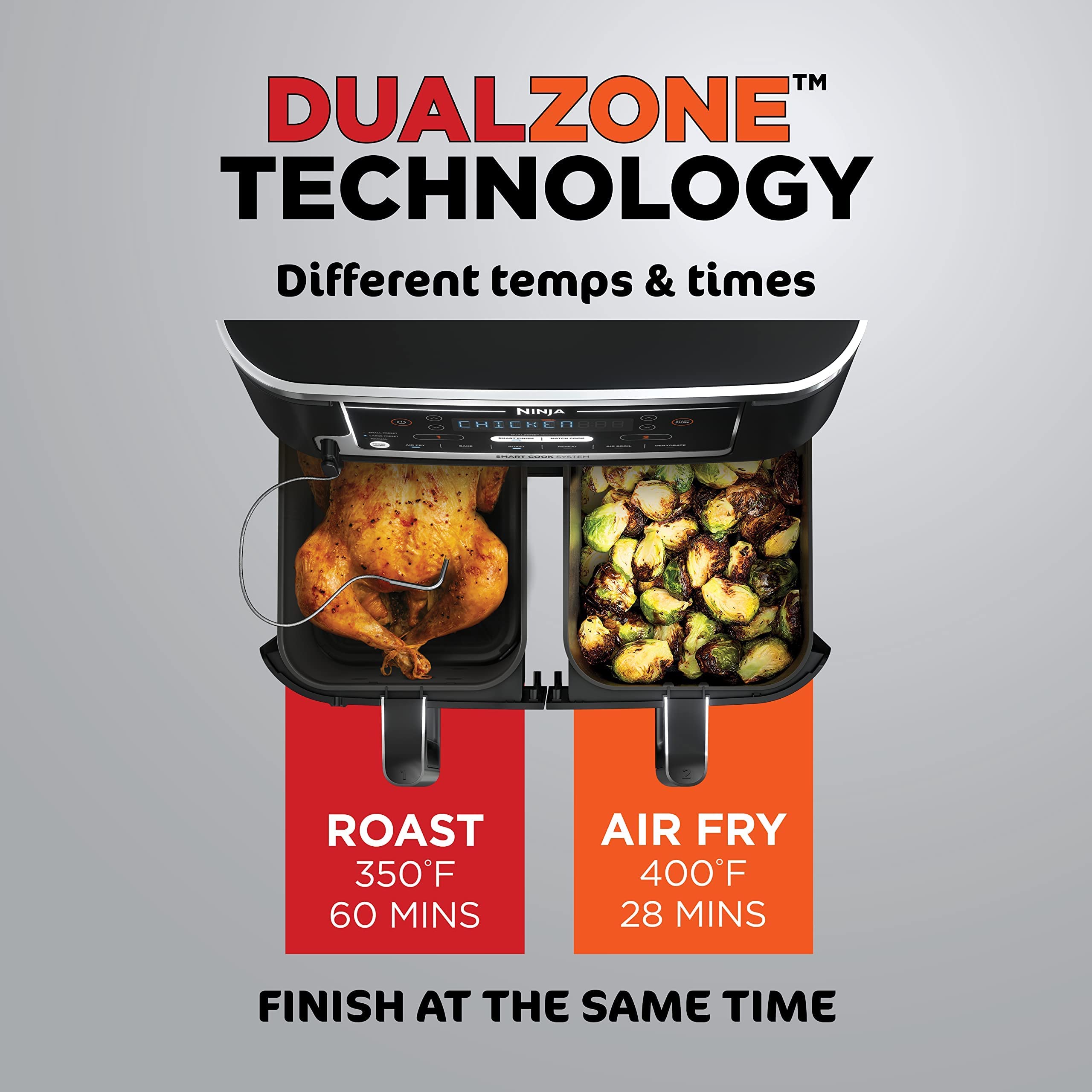 Ninja DZ550 Foodi 10 Quart 6-in-1 DualZone Smart XL Air Fryer with 2 Independent Baskets, Smart Cook Thermometer for Perfect Doneness, Match Cook & Smart Finish to Roast, Dehydrate & More, Grey