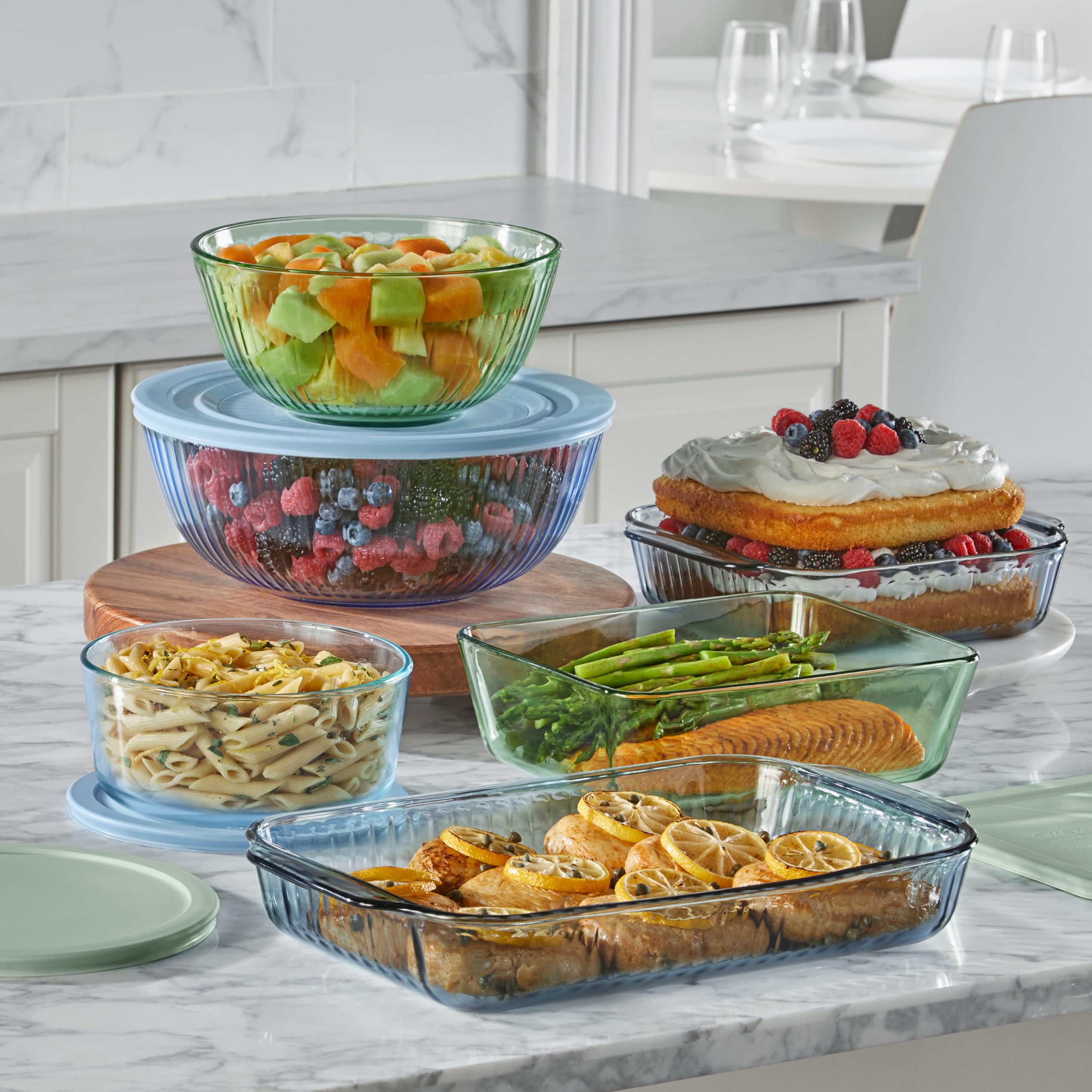 Pyrex Sculpted Tinted 6-PC Full Set, Small/Medium/Large Glass Mixing Bowls With Lids, Nesting Space Saving Set of Bowls For Prepping and Baking, 1.3QT, 2.3QT & 4.5QT