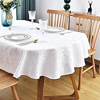 Oval Jacquard Tablecloth White Floral Countryside Leaves Damask Patterns Table Cloth Shiny Glossy Fabric Table Cover for Dinner Kitchen 60 x 102 Inch