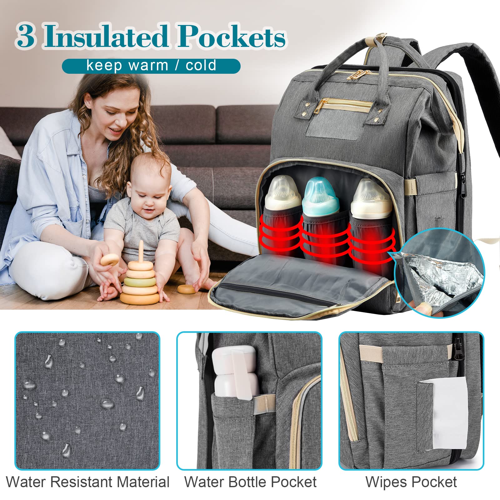 3 in 1 Diaper Bag Backpack with Changing pad, Waterproof Diaper Bag for Boys Girls, Baby Shower Gifts, Travel Nappy Bag with USB Charging Port, Stroller Straps & Shade Cloth (Grey)