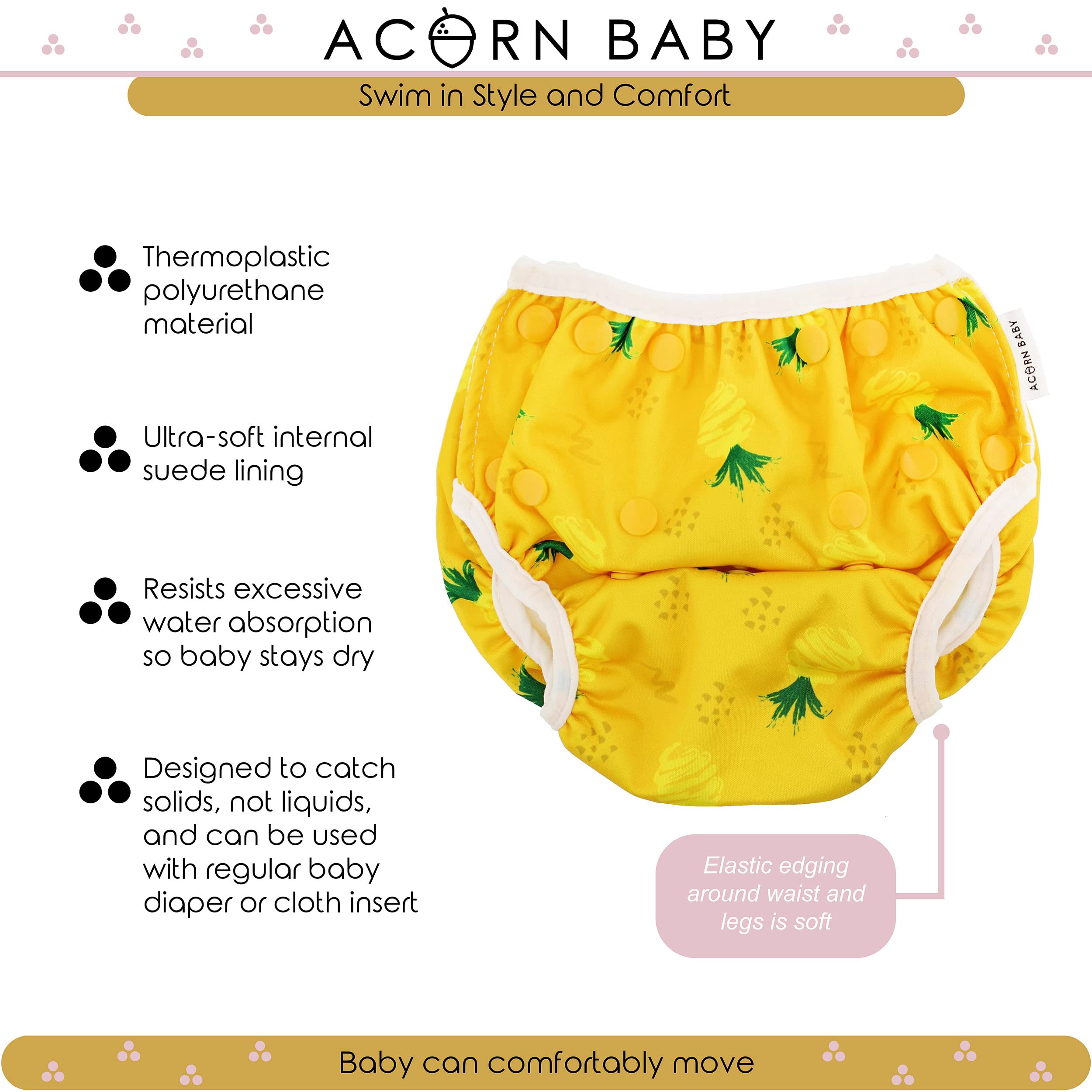 Acorn Baby Swim Diaper - Yellow Pineapple Size 0-5 Adjustable Toddler and Baby Swimming Diaper Reusable Swimmers