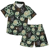 visesunny Toddler Boys 2 Piece Outfit Button Down Shirt and Short Sets Hippie Skull with Peace Sign Leaf Boy Summer Outfits