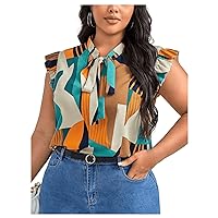SOLY HUX Women's Plus Size Blouse Allover Print Tie Neck Ruffle Cap Sleeve Summer Tops