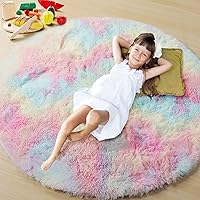 Rainbow Round Area Rug 5ft, Soft Bedroom Circle Rugs Mats for Kids Girls Teen Room, Kawaii Fluffy Plush Shaggy Carpet for Baby Nursery Living Room Playroom Home Decor Princess Castle