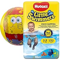 Little Swimmers Disposable Swim Diapers, Size X-Small 2-3 (7lb-18lb.) Absorbent and Adjustable Swim Nappies for Baby, Toddler, Girls, Boys, 12 Swimming Pants Plus Bonus Spongebob Beach Ball