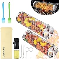 Rolling Grilling Baskets for outdoor grilling Set of 2, Stainless Steel Grill accessories set for Outdoor Grill, Grill Baskets Suitable for Vegetable,Fries,Fish, Shrimp, Grill BBQ Net Tube with