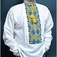 Rushnichok Ukrainian Vyshyvanka for Men Linen Shirt Handmade Ukraine Embroidery Blue Yellow