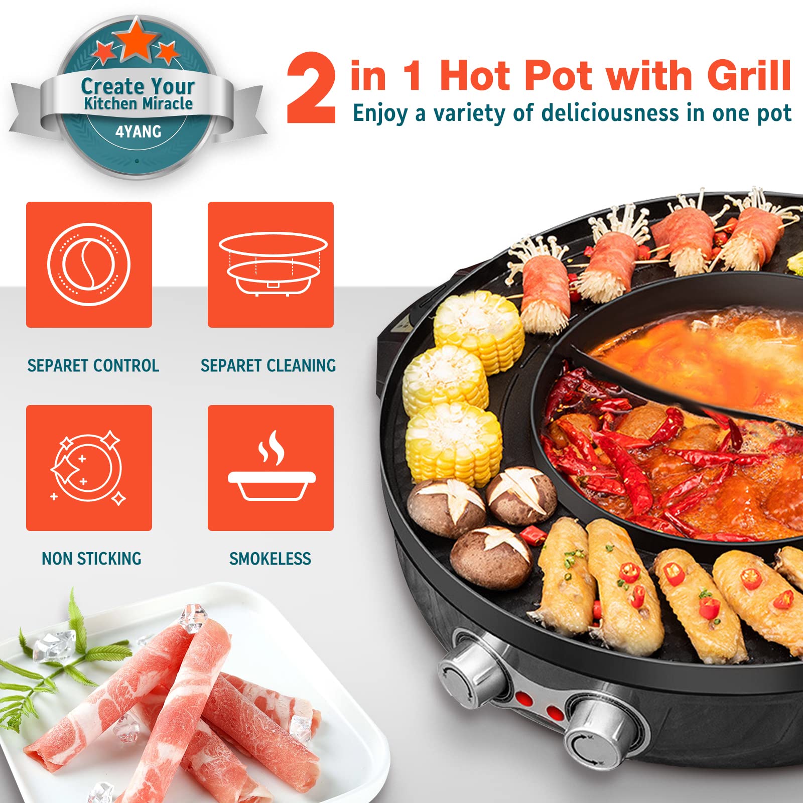 Hot Pot with Grill, 2000W 2 in 1 Electric Hot Pot Grill Cooker with Dual Temperature Control for 1-8 People, Multi-function Smokeless Shabu Korean BBQ Grill for Simmer, Boil, Fry, Roast