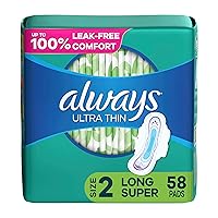 Ultra Thin Feminine Pads For Women, Size 2 Long Super Absorbency, With Wings, Unscented, 58 Count(Pack of 1)