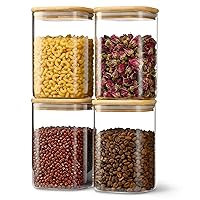 41oz Airtight Glass Square Storage Canister with Bamboo Lid Set of 4 (1200ml) Container Stackable Jar, Kitchen Canister for Pantry Noodles, Flour and Coffee beans (‎with Black Lable)