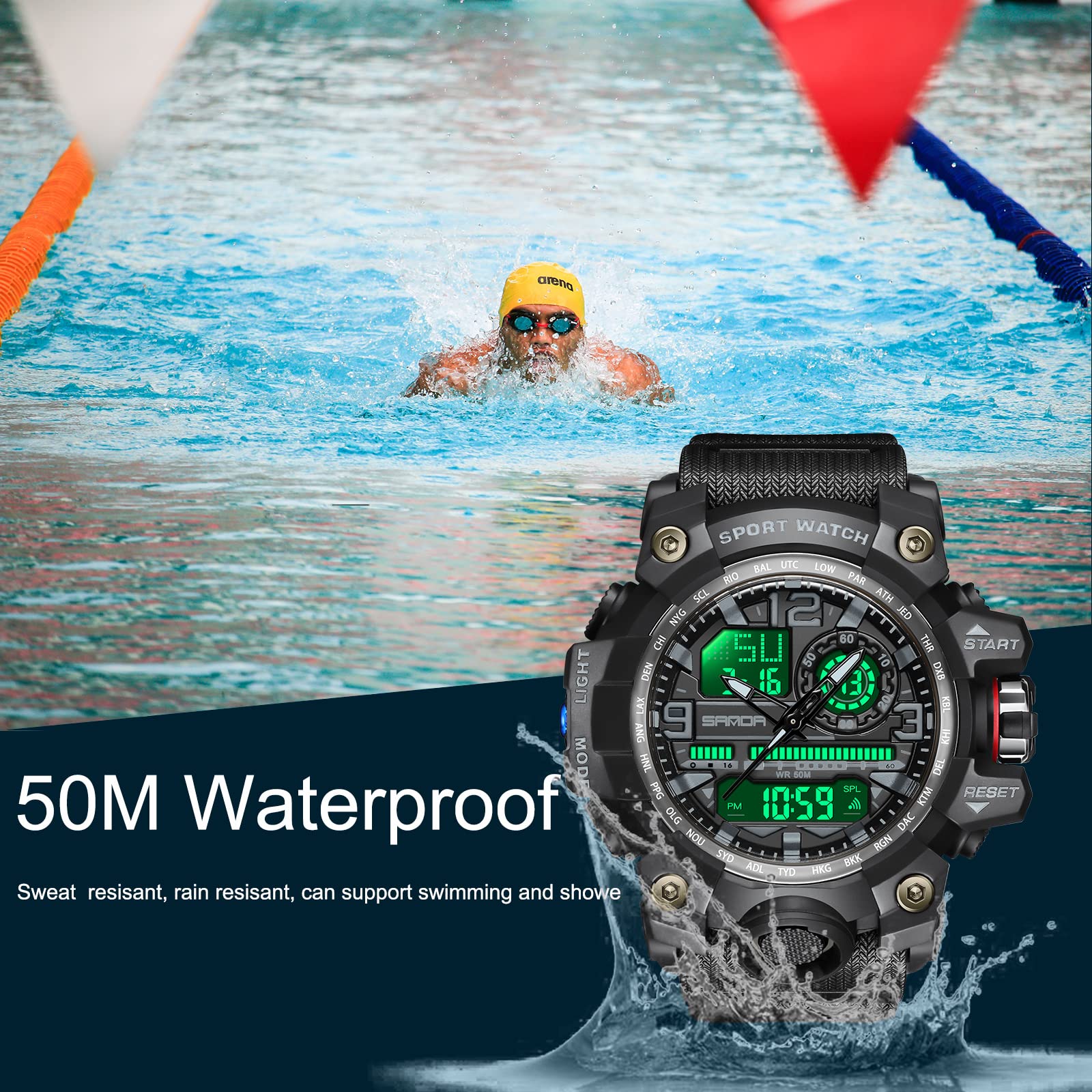 WISHFAN Men’s Military Watch, Dual-Display Waterproof Sports Digital Watch Big Wrist for Men with Alarm