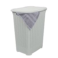 Plastic Laundry Hamper with Lid, Knit Designed Laundry Hamper Basket, 50 Liter White Smoke Cloths Hamper Organizer with Cut-out Handles. Space Saving for Laundry Room Bedroom Bathroom.