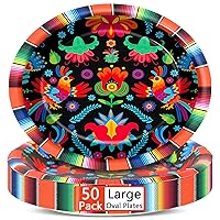 50PCS Mexican Fiesta Party Supplies Cinco De Mayo Oval Paper Plates 11inch Large Mexico Stripes Platters, Mexican Datura Flower Dish Tray for Dance Pinata Taco Colorful Ponchos Tableware Decor