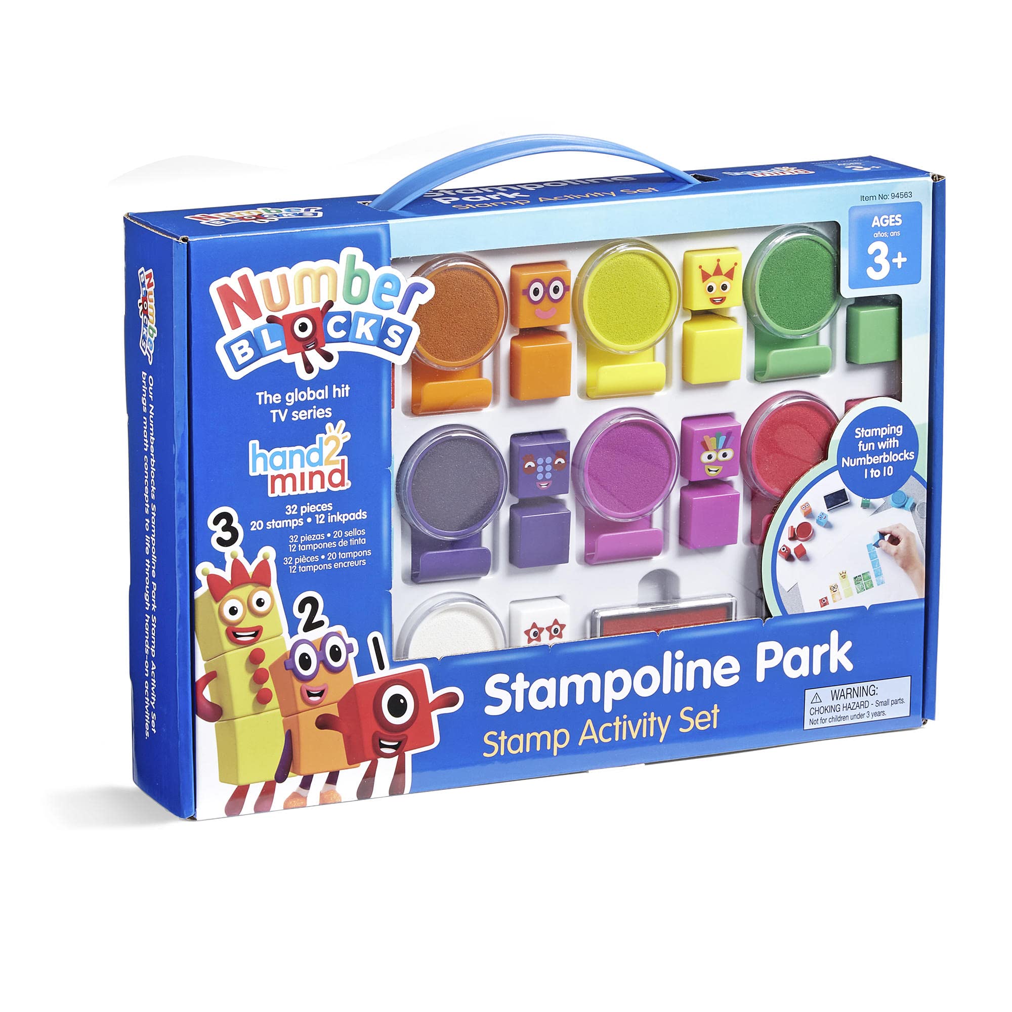 hand2mind Numberblocks Stampoline Park Stamp Activity Set, 20 Kids Stamps, 12 Washable Ink Pads, Number Toys, Toddler Arts and Crafts, Math Teaching Stamps for Kids, Preschool Learning Activities