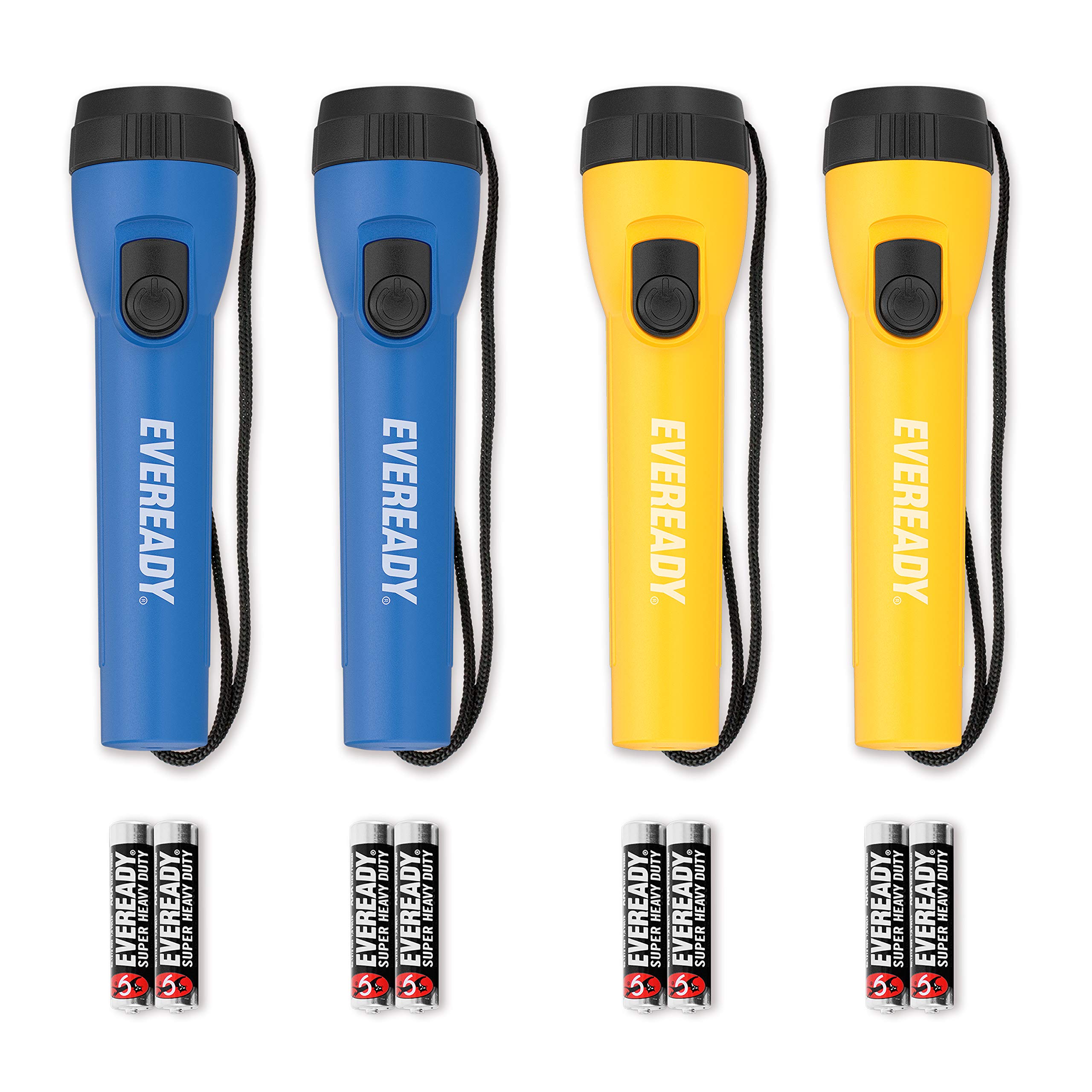 EVEREADY LED Flashlights (4-Pack), Bright Flashlights for Emergencies and Camping Gear, Flash Light with AA Batteries Included, Blue/Yellow (4-Pack)