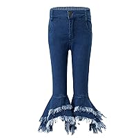 Kids Girls Tassel Flared Jeans Ribbed Bell-Bottom Denim Pants Fashion Vintage Latin Jazz Dance Legging Trousers