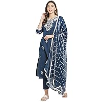 Rajnandini Women's Navy Blue Coloured Pure Cambric Cotton Floral Embroidered Kurta Set With Dupatta