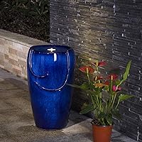 Glitzhome Ceramic Vase Outdoor Water Fountain Tall Patio Garden Water Fountain with LED Light and Submersible Pump Yard Art Decor, 20.5”H, Blue