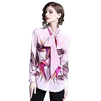 Women's Floral Print Tie Neck Shirt Chiffon Long Sleeve Blouse Tops Pale Purple