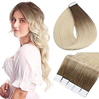 Full Shine Tape in Hair Extensions Human Hair 12 Inch Tape in Extensions Straight Brazilian Dark Roots Blonde Hair Extensions Ombre Color 7B 613 Blonde Double Sided Tape Hair 30 Gram 20 Pcs
