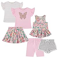 BTween Girls 6-Pack Casual Outfit Bundle with Ruffle Sleeve Tees, Peplum Tank Top, Skirt, Dolphin and Biker Shorts