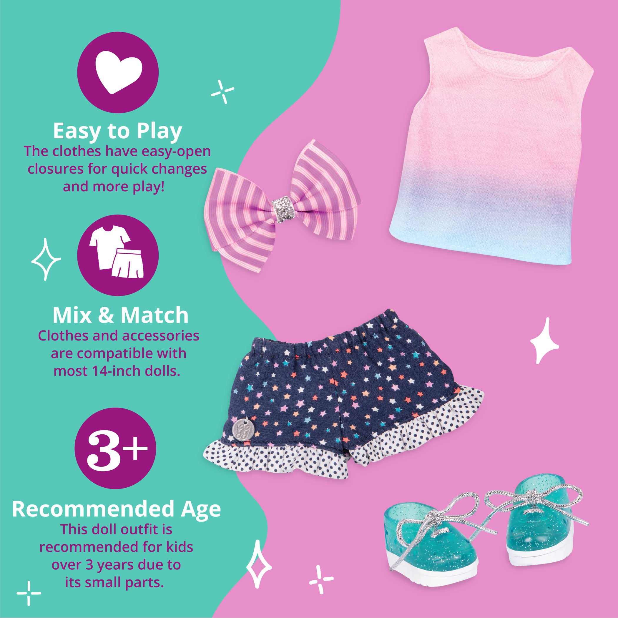 Glitter Girls – 14-inch Doll Clothes – 4pcs Starry Outfit – Colorful Top & Polka Dot Shorts – Glittery Shoes & Hair Bow – 3 Years + – Twinkle Like A Star