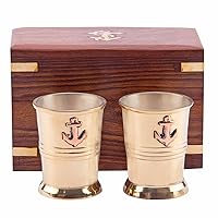 Devyom Royal Brass Tequila Shot Glass with Anchor Monogram in Handmade Wooden Box – Two Glass Set
