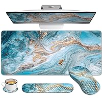 Desk Pad Mat, Large Mouse Pad with Wrist Rest and Keyboard Pad, 4PCS Carpal Tunnel Keyboard Wrist Support Combo, Computer Mousepad Cushion for Laptop Desktop, Teal Blue Turquoise Marble