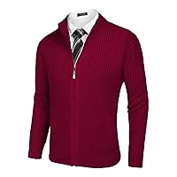 Men's Full Zipper Cardigan Slim Fit Knitted Sweater Casual Stand Collar with Pockets