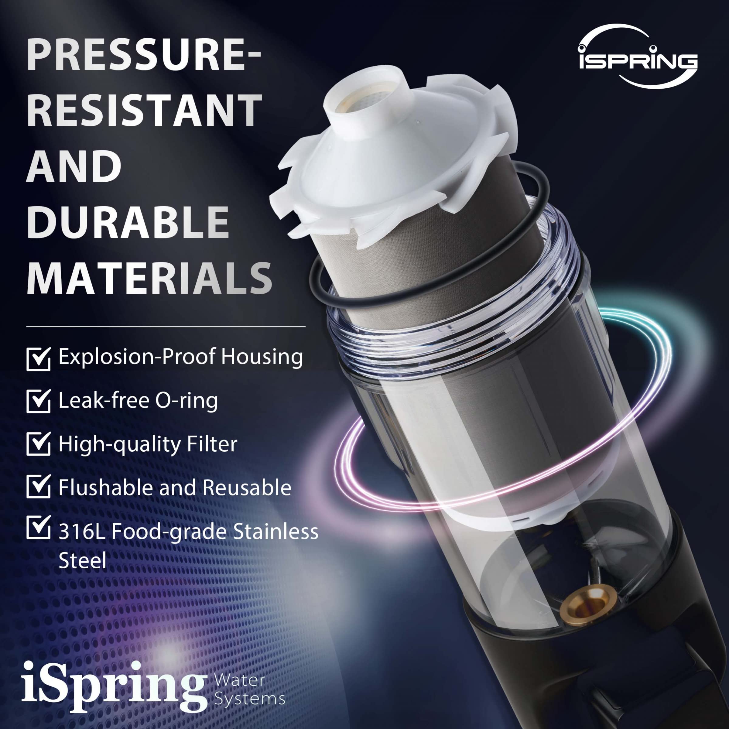 iSpring WSP50ARJ Spin-Down Sediment Water Filter, Upgraded Jumbo Size, Large Capacity, Reusable with Touch-Screen Auto Flushing Module, Brass Top Clear Housing, 50 Microns