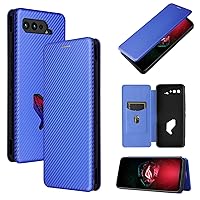 ZORSOME for Asus ROG Phone 5 Flip Case,Carbon Fiber PU + TPU Hybrid Case Shockproof Wallet Case Cover with Strap,Kickstand Blue