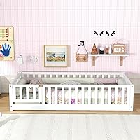 Bellemave Floor Bed for Kids,Twin Size Montessori Floor Bed with Door and Fence,Solid Wood Twin Bed Frame with Removable Slats for Girls Boys,Twin,White