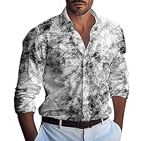 Men's Casual Long Sleeve Button Down Shirts Band Collar Print Summer Beach Shirts Basic Lightweight Shirts Blouse