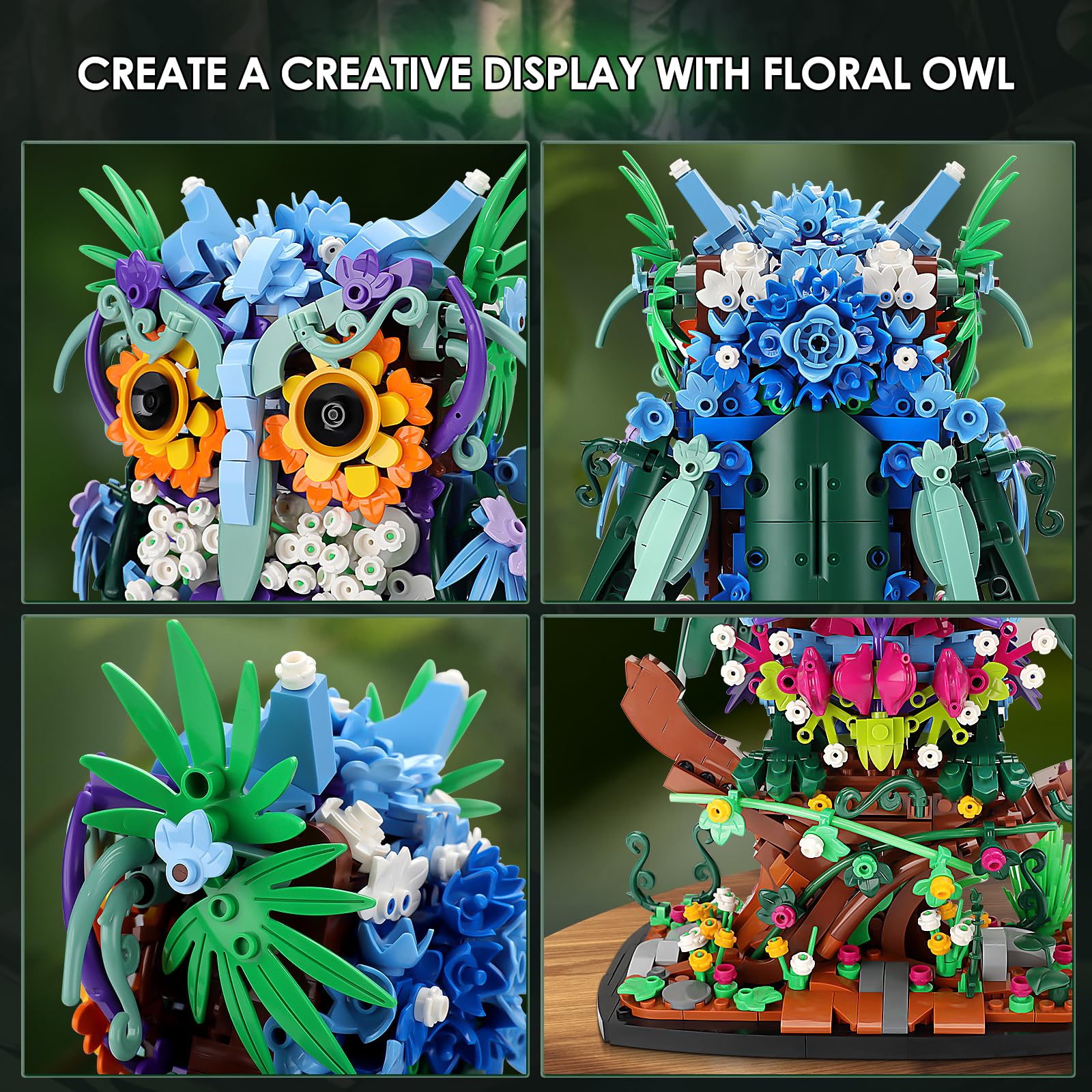 JOJO&Peach Floral Owl Toy Building Sets, MOC Creative Flower & Animal Model Set, Collectible Display Model, Halloween Toys for Adults and Kids Age 8 9 10 11 12+(1193 Pieces)