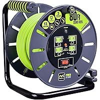 Power at Work Four Power Outlets, Open Cord Reel with Winding Handle, Overload Circuit Breaker and Power Switch, 80 Feet 14AWG, High Visibility Cord, Green