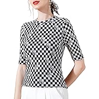 Women's Fashion Plaid Mesh Tops Summer Crewneck Short Sleeve Print Stretchy Patchwork Soft Blouses Elegant Work Shirt