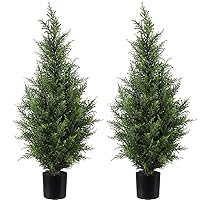 Artificial Topiary Cedar Trees 3FT Artificial Cedar Pine Tree Potted UV Rated Plant Fake Plants Tall Artificial Plants Shrubs for Indoors Outdoors Garden Home Decor (2 Pack)