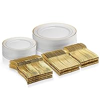 Munfix 125 Piece Gold Dinnerware Party Set - 50 Gold Rim Plastic Plates, 25 Dinner 25 Dessert Plates, 25 Knives, 25 Forks, 25 Spoons - 25 Guest Disposable Set for Wedding Birthday Parties