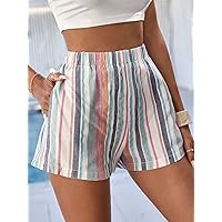 Women's Shorts Striped Print Slant Pocket Shorts Shorts for Women (Color : Multicolor, Size : Large)