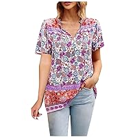 Women's Boho Floral Print Summer Tops Loose Lightweight Short Sleeve Tunic Shirt 2024 Fashion Button V Neck Holiday Blouses