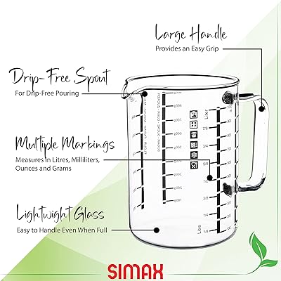 Simax Glass Measuring Cups in Grams, Borosilicate Glass Ml Measuring Cup,  32 Oz Liquid Measuring Cup Glass for Metric Measurements, Liter,  Milliliter